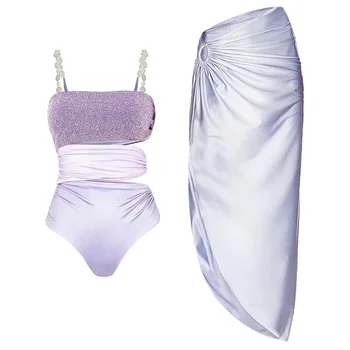 2023 Нова перлена презрамка силует лъскава текстура едно парче бански и пола летни бански костюми жени плажно облекло бански костюм