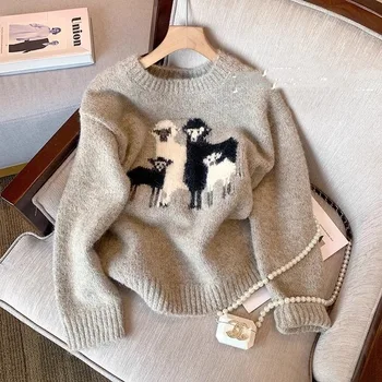 2023Дамски есен и зима нова мода кръг врата пуловер ретро жакард случайни универсален дълъг ръкав хлабав плетени върхове