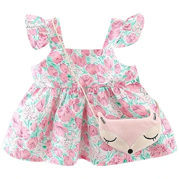 2Piece Set 2023 Лято бебе момиче екипировки корейски карикатура сладки цветя без ръкави памук принцеса рокля + чанта малки рокли BC404