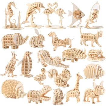 3D орнаменти Дървен пъзел Комплекти за сглобяване на животни Направи си сам декорация на маса Безопасен и нетоксичен лесен удар подарък Детски пъзел