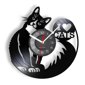 I Love Cats Cute Kitty Rescue Wall Art Silent Clock Lovely Pet Adoption Kittens Home Decor Cat Shop Vinyl Record Hanging Watch