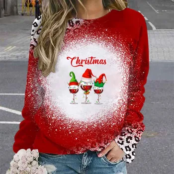 Lady Коледа леопард печат дълъг ръкав кръг врата Коледа сива врана пуловер пуловер жени