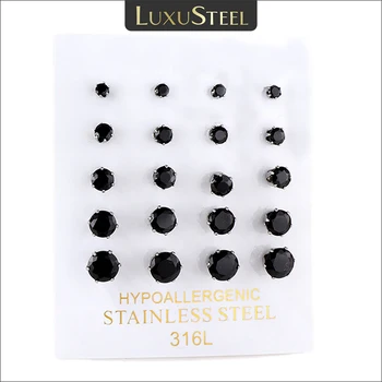 LUXUSTEEL 10Pairs черни кристални обеци за жени мъже от неръждаема стомана кръгла кубичен цирконий ухото пиърсинг 3/4/5/6/7/8/9/10mm