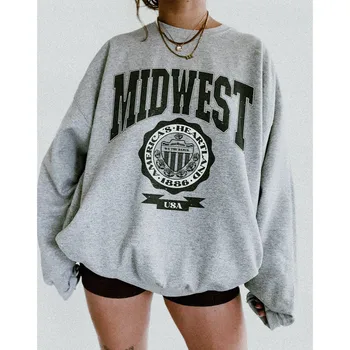 Midwest САЩ ретро стил жени печат сив модерен пуловери хлабав памук дебел топъл дълъг ръкав вдъхновен колегиален суитчър