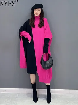 NYFS 2023 Зимни нови корейски плетене жена рокли Vestidos роба Elbise хлабав плюс размер поло пачуърк пуловер рокля