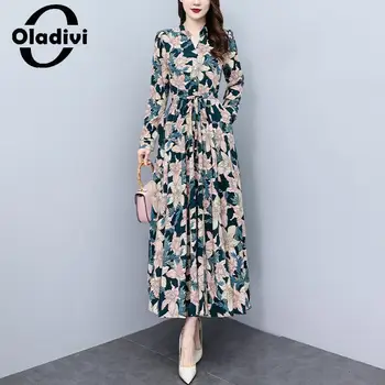 Oladivi M-5XL голям размер моден печат дълъг ръкав жените A-линия рокля пролет есен извънгабаритни бохемски рокли туника роба 8675
