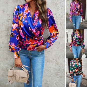 Phantasy Дамски блузи Моден офис Дамско облекло Есенна риза ръкав V-образно деколте Топ цветен блок модел секси тънък улично облекло