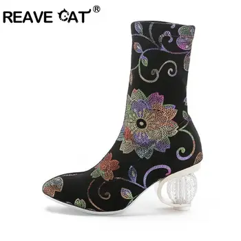 REAVE CAT Проектирани еластични боти до глезена за жена цвете печат опънат чорап ботуши кристално ясно stange токчета теле ботуши