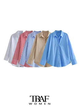 TRAF жени мода извънгабаритни поплин ризи реколта дълъг ръкав бутон нагоре женски блузи Blusas шик върховете
