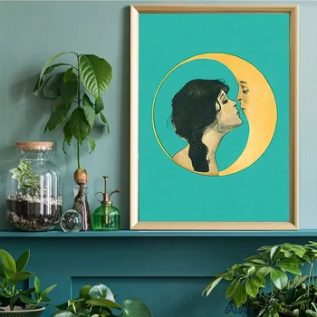 Vintage Girl Kissing Moon Romantic Lover Prints Canvas Painting Moon Face Man Wall Art Picture Antique Poster Home Room Decor