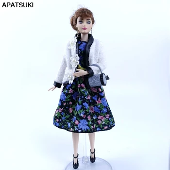 White Coat & Royalblue Провинциална флорална рокля за кукли Барби Тоалети Ръчно изработени дрехи Комплект за 1/6 кукли Аксесоари