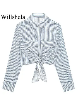 Willshela жените мода с джобове раирана дантела нагоре еднореден блуза реколта ревера врата дълги ръкави женски шик ризи