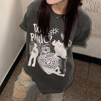 Американски графити печат къс ръкав тениска жените средна дължина голям хлабав тънък пуловер кръг врата случайни отгоре