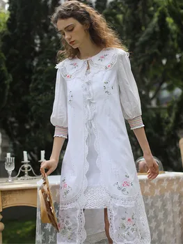 Дамска рокля пролет лято реколта елегантен тънък 100% бельо бяла рокля френски ръчно изработени бродерия две части комплект Midi риза рокля