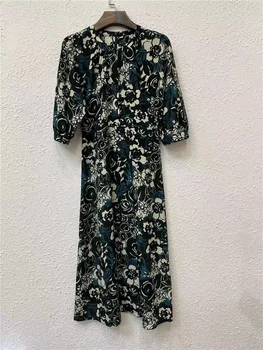 Дамска рокля със средна дължина 2023 Нова коприна отпечатани O-образно деколте висока талия тънък реколта половин ръкав халати