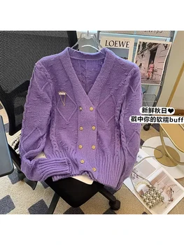 Дамски виолетова жилетка плетен пуловер мода дами v-образно деколте дълъг ръкав пуловер корейски Y2k реколта джъмпер пуловери Топ дрехи