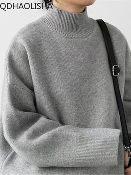 Дамски пуловер 2023 Есен Зима Ново в корейската мода Плетива с висока яка Сгъстяващи се пуловери Дамски блузи с дълъг ръкав