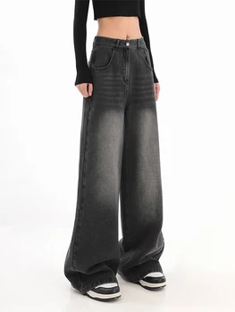 Дамски черни готически торбести дънки улично облекло 90s Y2k мода реколта извънгабаритни деним панталон корейски висока талия широк крак панталони 2023