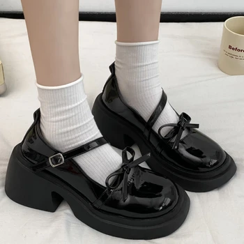 Дебело дъно Мери Джейн обувки женски пролет ретро лък ключалката плитка уста помпи черни кожени обувки Zapatillas De Mujeres