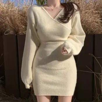 елегантен V-образно деколте тънък дълъг пуловер рокля жени плета есен зима секси къса рокля женски плътен цвят основна рокля случайни V2