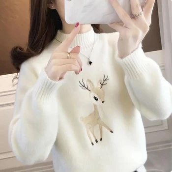 Есен Зимни пуловери Дамска мода дълъг ръкав макет на врата Ежедневна пуловерна риза 2023 Нова бродирана удобна Поддържайте топъл връх