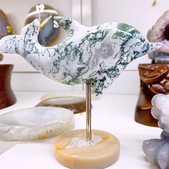 Естествен мъх ахат кристал делфин дърворезба кварц изцеление Рейки Сакура подарък за декорация на дома стая подарък 1бр