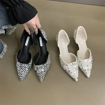 Жените Bling високи токчета обувки лято секси рокля обувки нов дизайнер женски заострени пръсти сандали елегантни помпи Сапатос Mujer