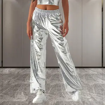 Жените метални панталони ластик висока талия случайни холографски цвят панталони широк крак джобове хип-хоп дълги панталони