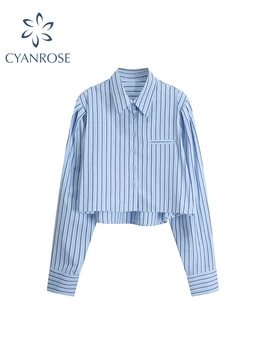 Жените синьо раирана блуза риза върховете 90s мода риза Y2k дълъг ръкав блузи Polo-образно деколте Harajuku елегантен реколта дрехи есен