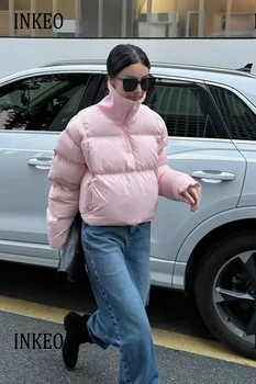 Корейски Удебелен пуловер надолу яке за жени 2024 Зимна мода плета Поло пачуърк палто извънгабаритни топло INKEO 3O318