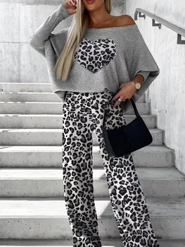 Леопард печат пуловер и панталони облекло жени елегантни върховете дълги панталони две части комплект случайни дама реколта панталони улично облекло костюм