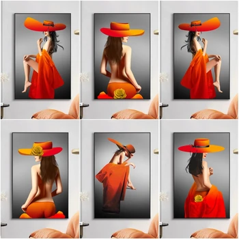 Модерно изкуство Секси оранжева голяма шапка Жена Плакати и отпечатъци Картини от канава Картини за стена за хол декор без рамка