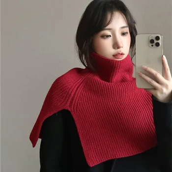 Пончо плетено наметало шал дамска мода връхни дрехи пуловер врата плътен цвят врата ръкав трикотажни малък шал пролет есен червено