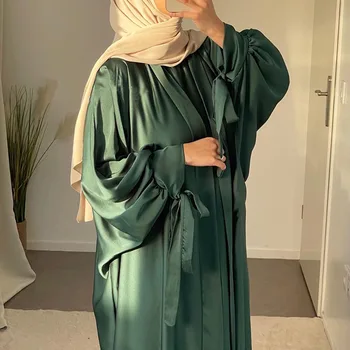 Сатен 2 броя Abaya комплект висококачествени пеперуда кимоно ръкави с вратовръзка приплъзване рокля мюсюлмански комплекти ислямско облекло жени рокли