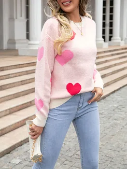 Свети Валентин пуловери за жени устни печат дълъг ръкав кръг врата хлабав пуловер върховете трикотаж