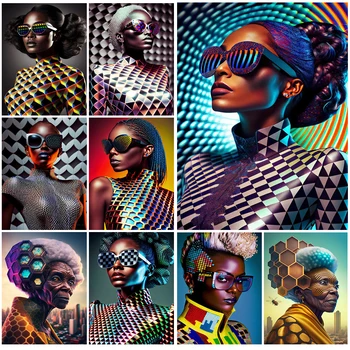 Технологичен модел Черна жена момиче портретни отпечатъци стена изкуство платно живопис Начало декор стена картини за хол без рамки