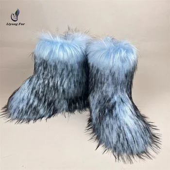 Търговия на едро мода жени западен дизайнер кожени ботуши дебели пухкави изкуствена кожа сняг обувка за момичета