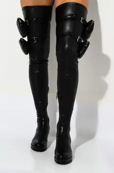 Черно плоско дъно чанта каишка цип PU материал женствени ботуши над коляното 2021 зимата нови бедрото ботуши