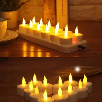 12pcs акумулаторна Led Candle Flameless TeaLight Електрическа лампа за свещи Waxless за Свети Валентин Начало Сватба Коледа Маса Вечеря Декор