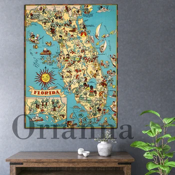 1935 Флорида карта Картинна карикатура карта реколта пътуване стена изкуство печат плакати модерен хол офис декор живопис подарък