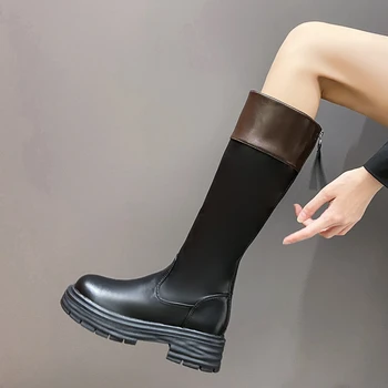 2023 Зимни нови обувки за женски обратно цип Дамски ботуши в средата на прасеца платформа квадратна пета Дамски обувки смесени цветове Дамски ботуши