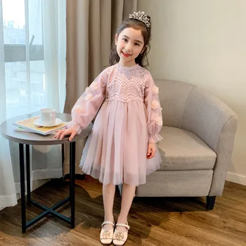 2023 Нова пролетна есенна рокля за момичета Детска принцеса с дълъг ръкав Mesh флорална рокля Vestido за момичета парти плевене рокли