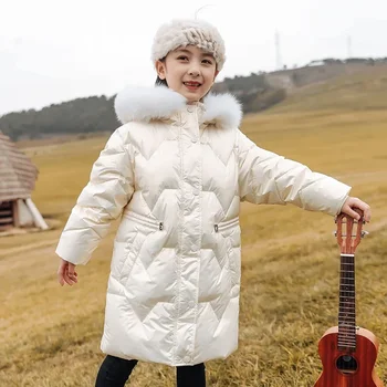 2023 Тийнейджърки Зимно палто Кожена яка Качулка топло дълго лъскаво яке за момичета 5-14 години Детско момиче Парка Снежно облекло