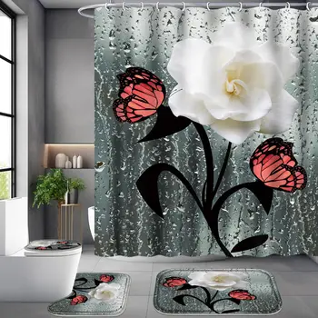 4PCS Вода роза душ завеса комплект с килими тоалетна капак капак баня мат романтични цветя баня комплект с душ завеса куки