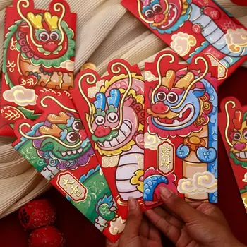 6PCS Китайска Нова година Червени пликове 2024 Драконова година Hongbao Lucky Money пликове, червен пакет за декорация на пролетния фестивал