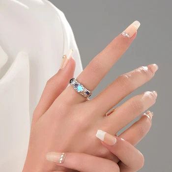 925 стерлинги сребро нередовни лунен камък отваряне пръстен показалец регулируем за жени момиче личност мода бижута парти