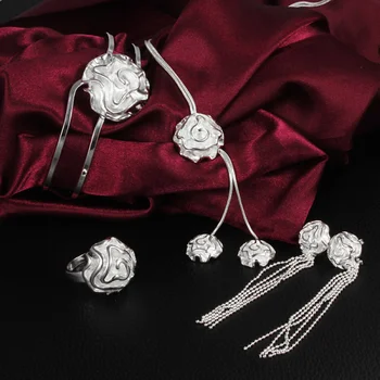 925 Цвят сребърни сватбени мъниста жена 45CM 18inch огърлица обица пръстен отворен гривна мода фини бижута комплект коледен подарък