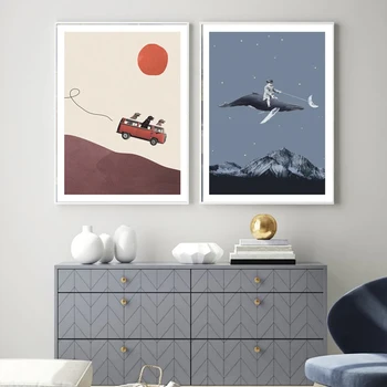 Anstract Canvas Print Sky Whale Графичен плакат Три кучета отиват на Луната стена изкуство живопис стена картини за детска стая