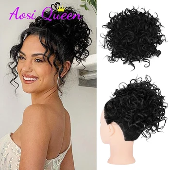 AS Синтетичен еластичен шнур Loose Wavy Big Curly Hair Bun 60g Къси синтетични конска опашка Разширения за коса за жени Ежедневна употреба