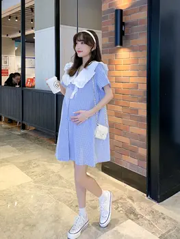 Blue 2023 Летни дрехи за майчинство разрошени големи Питър Пан яка къс ръкав бременна жена A-линия рокля бременност карирана рокля